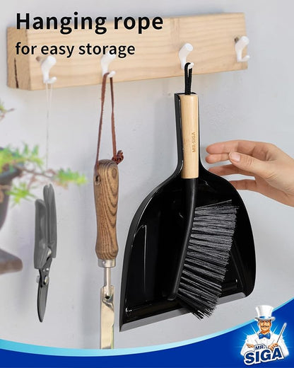 MR.SIGA Dustpan and Brush Set, Portable Cleaning Brush and Dustpan Combo with Bamboo Handle, Black, 1 Set