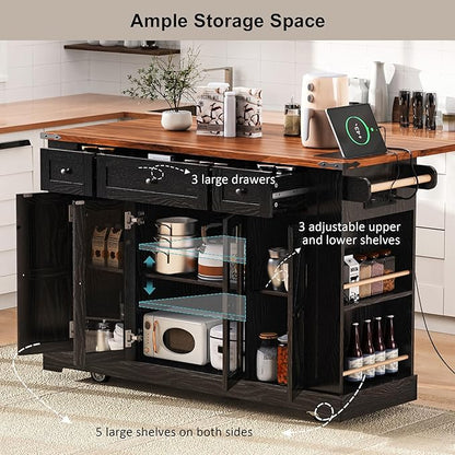 53" Farmhouse Kitchen Island with 2 Tempered Glass Cabinet Doors, Power Outlet, Rolling Kitchen Cart on Wheels with Drop Leaf, 5 Open Side Racks, 3 Drawers, for Kitchen, Black