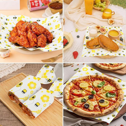 GeeRic 100 Pcs Wax Paper Sheets for Food, 12 * 12 Inch Bee Day Wax Paper Sandwich Wrap Deli Wraps, Oil-Proof Picnic Basket Liners with Bee Pattern for Memorial Day