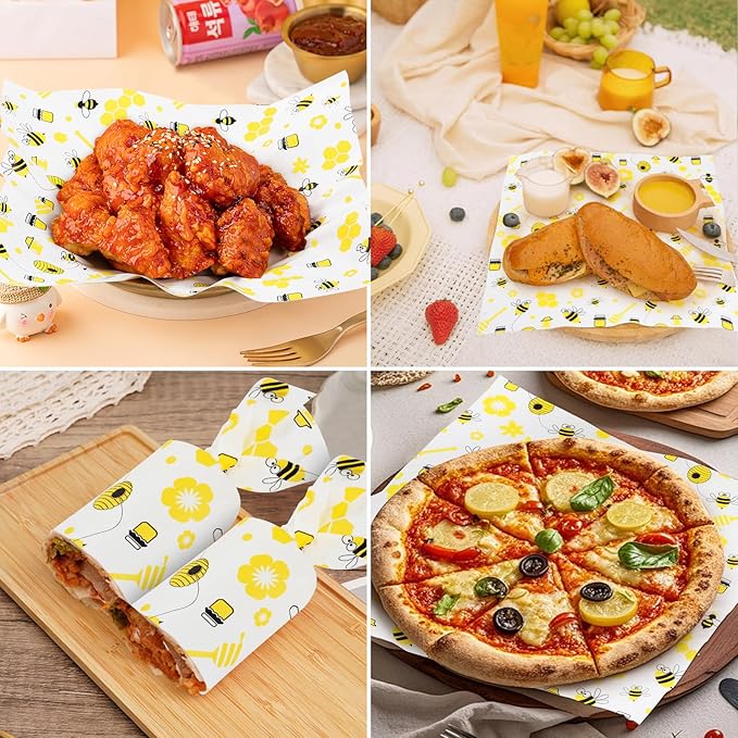GeeRic 100 Pcs Wax Paper Sheets for Food, 12 * 12 Inch Bee Day Wax Paper Sandwich Wrap Deli Wraps, Oil-Proof Picnic Basket Liners with Bee Pattern for Memorial Day