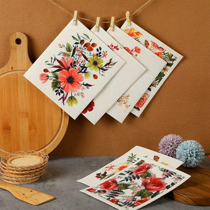 Cunhill 6 Pcs Swedish Flower Dish Cloth, Quick Drying, Reusable, Washable, Absorbent, Decorative Tea Towels, No Odor Bar Hand Towel