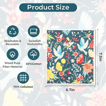 wlich 5PCS Swedish Dishcloths for Kitchen, Reusable Dish Rags for Washing Dishes with Clips, Non-Scratch Kitchen Towels and Dishcloths Sets, Washable Swedish Dish Cloths, No Odor(Birds Flowers)
