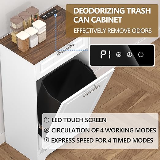 Single 10 Gallon Tilt Out Trash Can Cabinet with Deodorizing Function, Wooden Hidden Garbage Can Holder with Storage Drawers for Kitchen and Dining Room, Laundry Hamper Cabinet for Bathroom, White