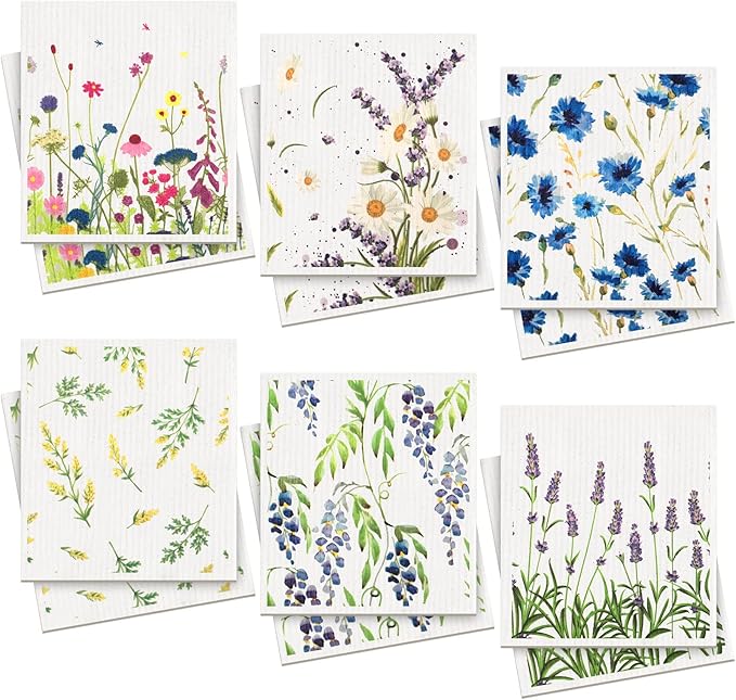 Remagr 12 Pcs Swedish Kitchen Dish Towels Kitchen Cloths Reusable Sponge Cleaning Cloths Absorbent Dish Cloth Quick Drying Washable Cleaning Wipes No Odor Hand Towel (Wildflowers)