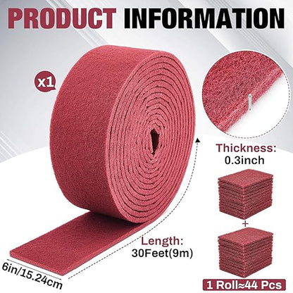 30 ft x 6 in Fine General Purpose Scuff Pads 7447 Roll Large Maroon Abrasive Hand Sanding Non Scratch Woven Aluminum Oxide Cuttable Pad Scouring Surface Kitchen Preparation Scuffing Cleaning