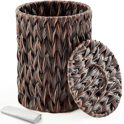 Ctosree 1.3 Gallons Small Trash Can with Lid Handle Boho Woven Braided Bathroom Waste Basket Trash Can with 100 Garbage Bags for Bedroom Office Laundry(Braided Polypropylene, Dark Brown)