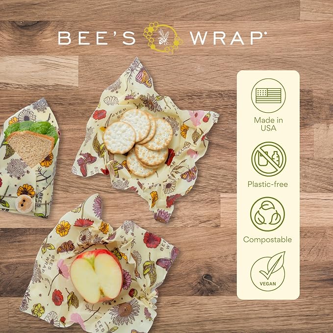 Bee's Wrap Vegan Beeswax Wraps for Food - 3 Pack of Medium Beeswax Wraps - Plastic Free Made in USA Reusable Natural Food Wrap - Meadow Magic Print