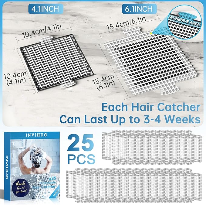 25 Pack, Disposable Shower Drain Hair Catcher Mesh Stickers,Disposable Hair Drain Catcher. (4.1inch Square)