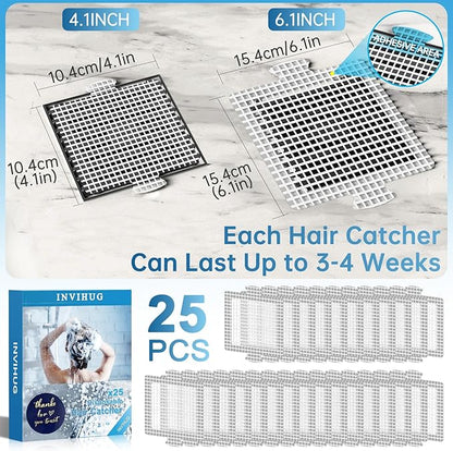 25 Pack, Disposable Shower Drain Hair Catcher Mesh Stickers,Disposable Hair Drain Catcher. (4.1inch Square)