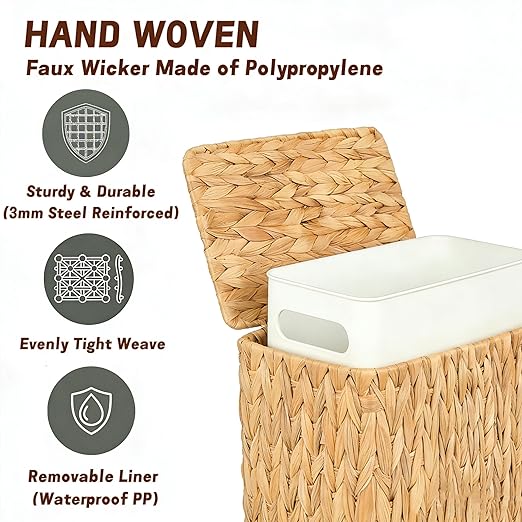 Wicker Trash Can,3 Gallon Bathroom Trash Can with Lid,Natural Water Hyacinth Wicker Waste Basket with Removable Liner, for Bedroom, Toilet, Narrow Spaces