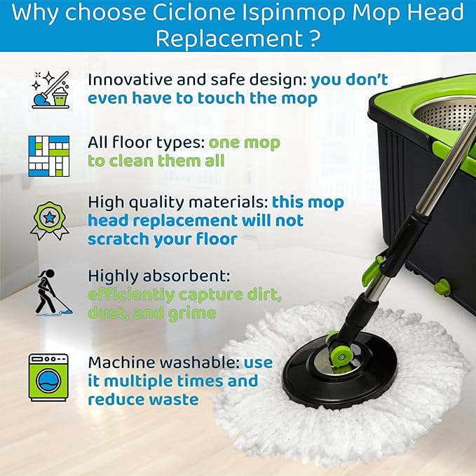 3-Pack Spin Mop Replacement Head - Spin Mop Refill Microfiber - Ciclone Ispinmop 360 Mop Head Refill - Spin Mop Head Replacement - Spin Mop Replacement Mop Pack of 3