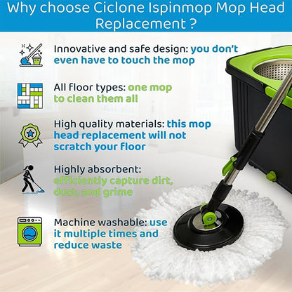 3-Pack Spin Mop Replacement Head - Spin Mop Refill Microfiber - Ciclone Ispinmop 360 Mop Head Refill - Spin Mop Head Replacement - Spin Mop Replacement Mop Pack of 3