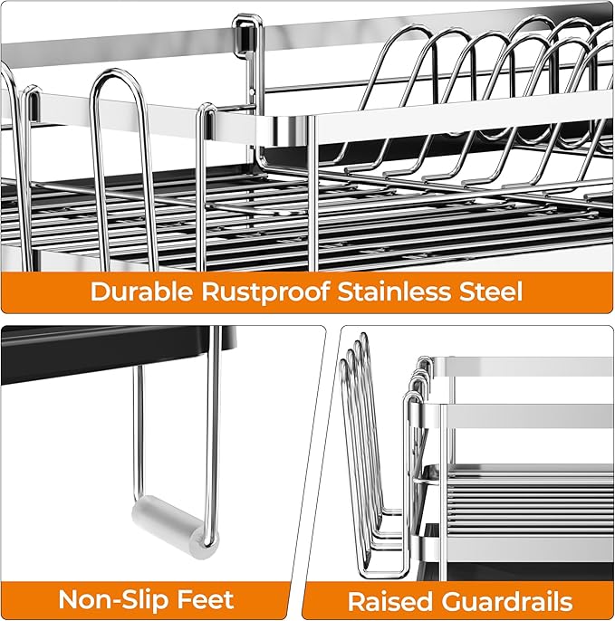 Delamu Stainless Steel Dish Drying Rack, Expandable Dish Drainer, Anti-Rust Large Dish Racks for Kitchen Counter, Dish Strainers with Drainboard, Utensil & Cup Holder, 13.4"-28.7" L x 11.8" W, Silver
