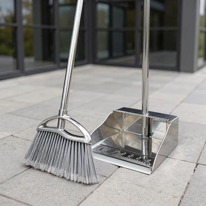 Metal Dustpan and Heavy Duty Broom Set, Stand Up Dustpan with Outdoor Stiff Bristles Broom for Hardwood Patio Room Office Floor Sweeping