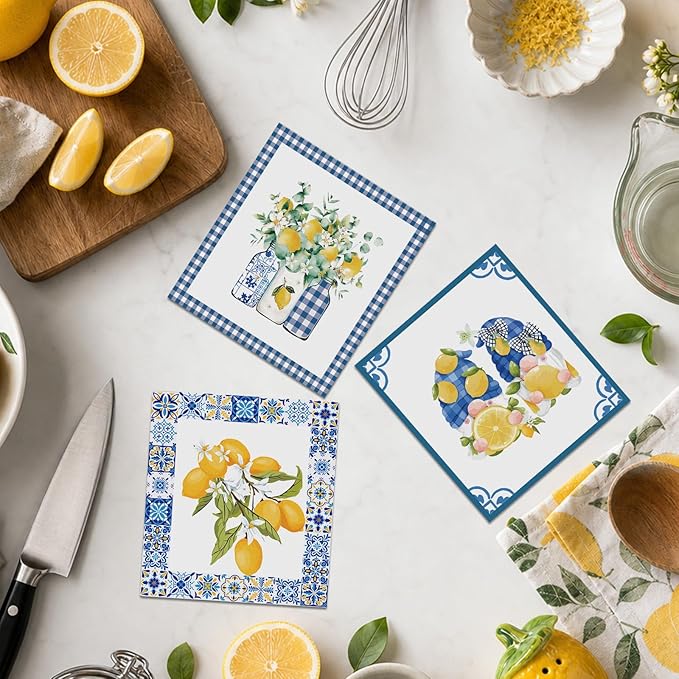Lemons Swedish Dishcloths for Kitchen, 6 Pcs Reusable Tiles Lemons Sponge Cleaning Cloths, Absorbent Summer Yellow Fruit Dish Cloths Towels Wipes for Cooking Home Decoration Housewarming Gift