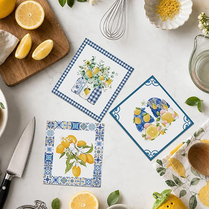 Lemons Swedish Dishcloths for Kitchen, 6 Pcs Reusable Tiles Lemons Sponge Cleaning Cloths, Absorbent Summer Yellow Fruit Dish Cloths Towels Wipes for Cooking Home Decoration Housewarming Gift