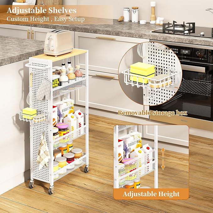 Slim Storage Rolling Cart: 4-Tier Narrow Metal & Wood Utility Cart with Wheels for Kitchen/Laundry/Bathroom(White)