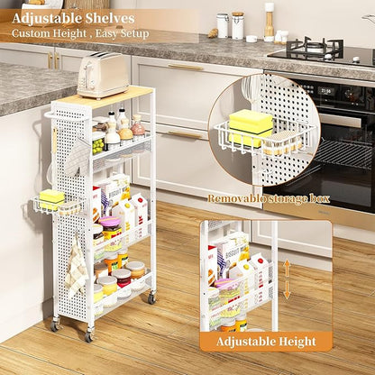 Slim Storage Rolling Cart: 4-Tier Narrow Metal & Wood Utility Cart with Wheels for Kitchen/Laundry/Bathroom(White)