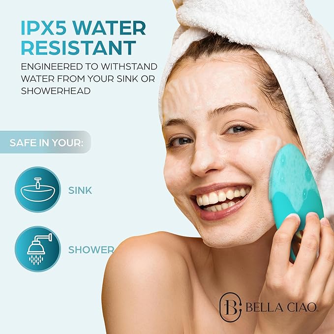 Bella Ciao 12-Speed Gentle Facial-Cleansing Brush, Rechargeable Silicone Face Scrubber, Deep-Cleaning and Exfoliating Face-Wash Brush, Water-Resistant Design, Aqua