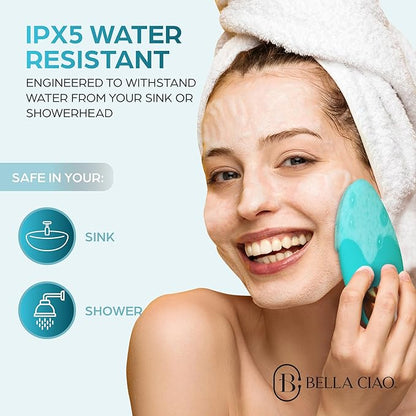 Bella Ciao 12-Speed Gentle Facial-Cleansing Brush, Rechargeable Silicone Face Scrubber, Deep-Cleaning and Exfoliating Face-Wash Brush, Water-Resistant Design, Aqua