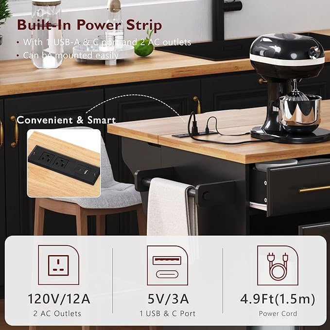 59.3" Kitchen Island with Drop Leaf and Pull Out Trash Can Storage Cabinet, Rolling Kitchen Island Table with Power Outlet, Spice & Towel Rack for Kitchen, Dining, Black