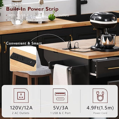 59.3" Kitchen Island with Drop Leaf and Pull Out Trash Can Storage Cabinet, Rolling Kitchen Island Table with Power Outlet, Spice & Towel Rack for Kitchen, Dining, Black
