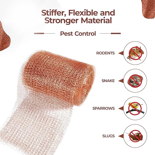 Copper Mesh Roll for Rodent Control | 4 Inch x 16 Feet | Pack of 2 Rustproof Copper Mesh | Rodent Bat and Snail Barrier | Hole Blocker for Gaps, Vents and Water Openings | Includes Scissor