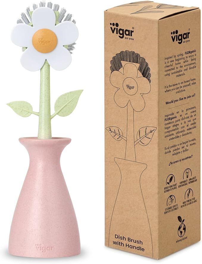 Vigar Florganic Dish Brush with Holder - Dish Scrubber with Handle for Dishes, Kitchen Sink Cleaning Brush, Pot Scrubber, Kitchen Scrub Brush, Dishwashing Brush Tool for Sink Cleaning - Pink