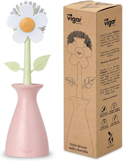 Vigar Florganic Dish Brush with Holder - Dish Scrubber with Handle for Dishes, Kitchen Sink Cleaning Brush, Pot Scrubber, Kitchen Scrub Brush, Dishwashing Brush Tool for Sink Cleaning - Pink