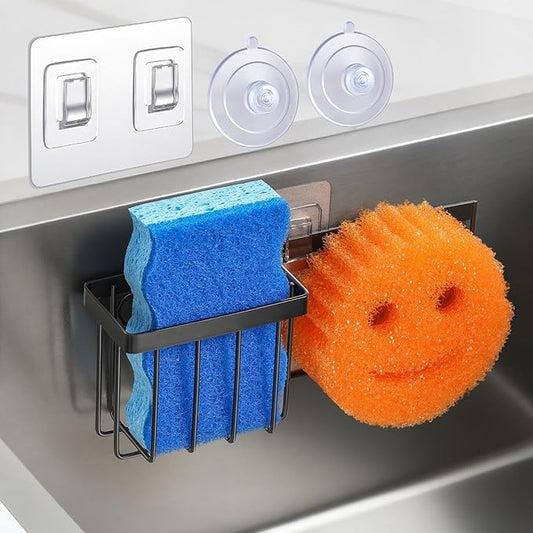LANDNEOO [Space Saving] Sponge Holder for Kitchen Sink, Great for Scrub Daddy/Scrub Mommy Sponges, Rust-proof Sink Sponge Caddy Organizer for Dish Brush, Scrubber - with Suction Cups & Hooks, Black