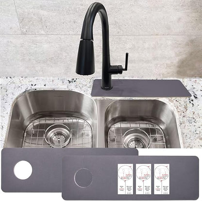 Faucet Mat for Kitchen Sink Offset : AHA HOMEWARE Kitchen Sink Splash Guard for Offset Double Sink, Cuttable Extra Hole for Soap Dispenser, Diatomite Leather Absorbent Fast Drying (Dark Gray)