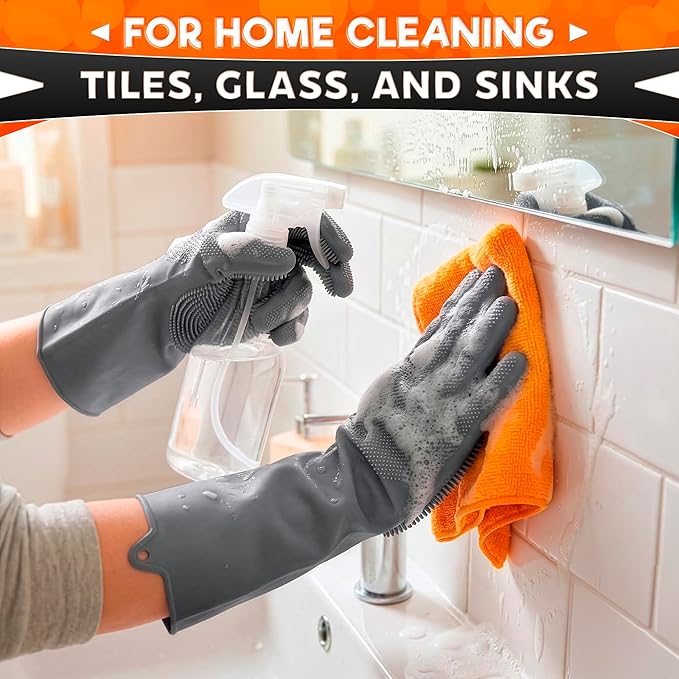ALPENKOK Silicone Dishwashing Gloves with Scrubber – Non-Slip Silicone Gloves wor Washing Dishes | Household Use