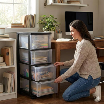 4-Drawer Narrow Storage Cart with Wheels - 32.5" Tall Slim Rolling Plastic Drawer Organizer Tower for Bathroom, Laundry Room, Kitchen & Office - Mobile Utility Unit with Clear Bins (Black)