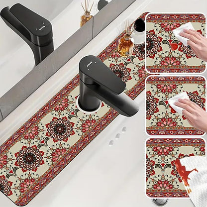 Sink Faucet Absorbing Mat Red Retro Boho Sink Splash Guard Drying Mat for Kitchen Bathroom Faucet Sinkmat 23.5"X5.5"
