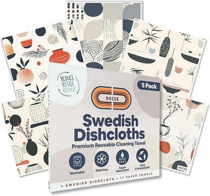 DECEE Swedish dishcloths (Pottery) 5-Pack, Reusable, Washable Cellulose Cotton Kitchen Cloths,Replace Paper Towels, Sponges, Dish Rags