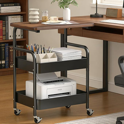 3 Tier Rolling Utility Cart Organizer with Walnut Table Top, Metal Stable and Sturdy Rolling Storage Carts with 2 Lockable Wheels for Kitchen，Snacks，Coffee，Bathroom，Makeup，Craft