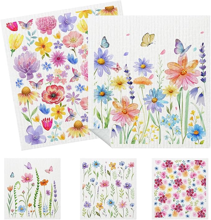 5 Pack Mixed Watercolor Flower Swedish Kitchen Dishcloths Dish Towels, Spring Floral Dish Towels for Kitchen, Swedish Dishcloth, Paper Towels Reusable, Dish Cloth Towel Cleaning Wipe for Home