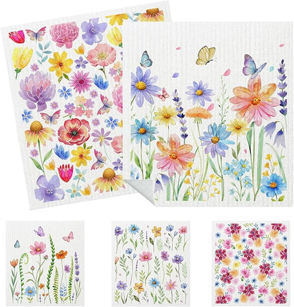 5 Pack Mixed Watercolor Flower Swedish Kitchen Dishcloths Dish Towels, Spring Floral Dish Towels for Kitchen, Swedish Dishcloth, Paper Towels Reusable, Dish Cloth Towel Cleaning Wipe for Home