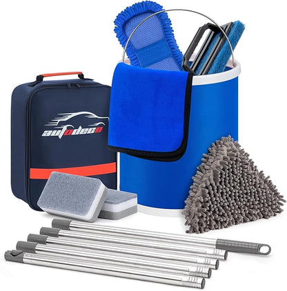 Boat Wash Cleaning Kit with Wet Dry Mop Collapsible Bucket Boat Scrubbing Brush Glove Boat Scuff Sponge Microfiber Towel Complete Interior Exterior Fiberglass Boat Hull Cleaning Set for Boat