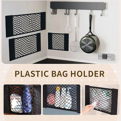 3Pack Plastic Bag Holder Mesh Storage Net Grocery Holder with Adhesive Backing Organizer Dispenser for Garbage Wrap Shopping Bag Wall Mounted 3 Size