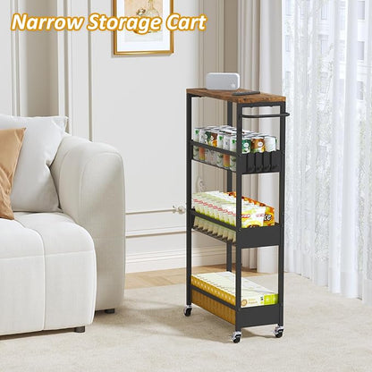 7.1" Wide Slim Rolling Utility Cart, 4 Tier Metal Narrow Storage Cart with Handle and Wood Top, Multifunctional Small Mobile Shelf Unit Organizer Trolley for Laundry, Bathroom, Kitchen