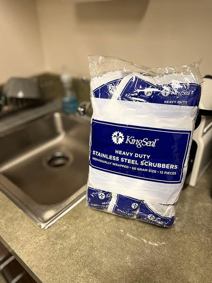 12 Count | KingSeal Stainless Steel Scrubbers, Scrub Pads, Heavy Duty, 50 gram Weight, Individually Wrapped - 1 Pack of 12
