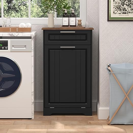 Single 10 Gallon Tilt Out Trash Can Cabinet with Deodorizing Function, Wooden Hidden Garbage Can Holder with Storage Drawers for Kitchen and Dining Room, Laundry Hamper Cabinet for Bathroom, Black