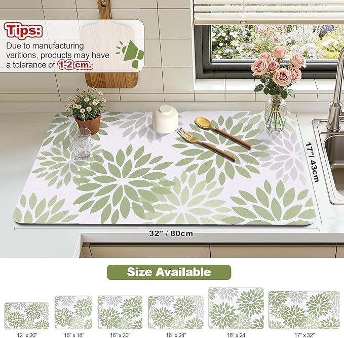 Findosom Floral Dish Drying Mat, 17" x 32" Super Absorbent & Hide Stain Coffee Mat, Cuttable Drying Mat for Kitchen Counter, Under Dish Rack, Coffee Maker, Espresso Machine, Sage Green
