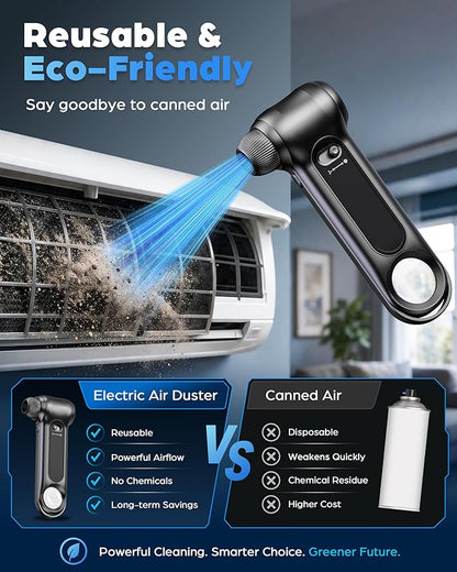 Compressed Air Duster 150000RPM Brushless Motor, Stepless Speed, Rechargeable Powerful Cordless Blower, Portable Air Duster with LED & Magnifier, Nozzle Kit for Keyboard Electronics Car Home (Black)