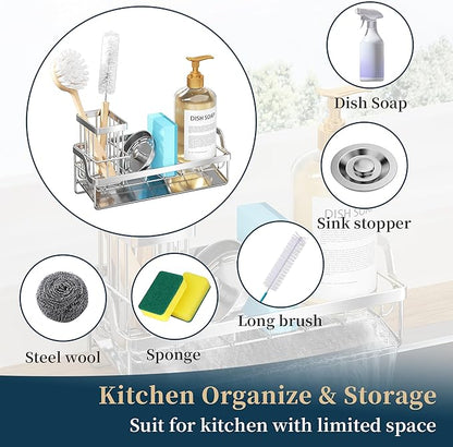Consumest Sponge Holder for Kitchen Sink - Sink Caddy with Stainless Steel Self Drain Tray, Sink Organizer with High Brush Holder Countertop for Kitchen Sink Accessories, Silver
