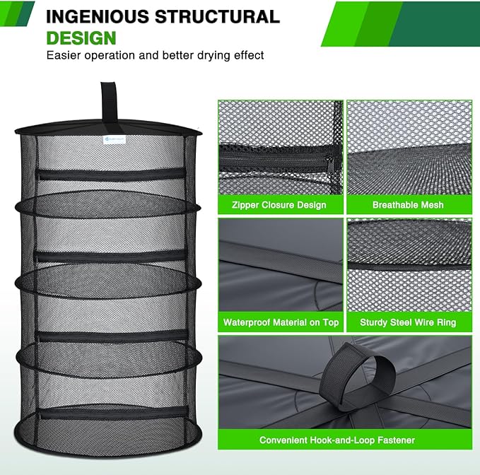 Yesker 4 Layer Herb Drying Rack Hanging Mesh Net Foldable Plant Drying Racks 18" Diameter with Black Zipper & Hook Dryer Hanging Rack for Herbs Seed Bud Fruit Clothes Grow Tent Closets Garden Outdoor