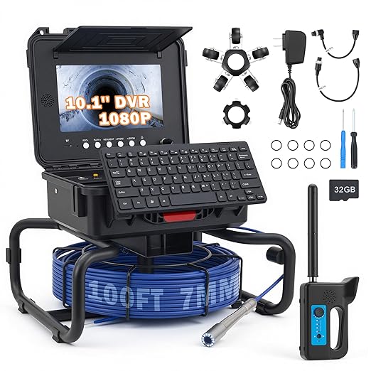 ZELCAN 10.1" Self-Leveling Sewer Camera with 512Hz Locator, Sewer Inspection Camera with 100 ft. Cable & Digital Length Counter, Rechargeable Drain Pipe Camera with Keyboard & 12 LED Lights