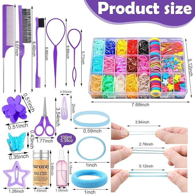Hair Accessories for Girls, 1698 Pcs Hair Rubber Bands with Elastic Hair Ties Hair Clips Hair Wax Stick Spray Bottle Hair Styling Tools