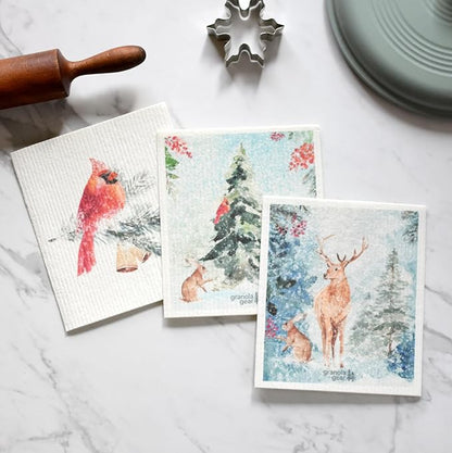 Home by GranolaGear-Christmas Swedish Dishcloths for Kitchen 6-Pack Reusable Paper Towels, Eco-Friendly, Compostable, Biodegradable Dish Wash Cloth Sponge, Holiday Watercolor Snow Art-Winter Cardinal